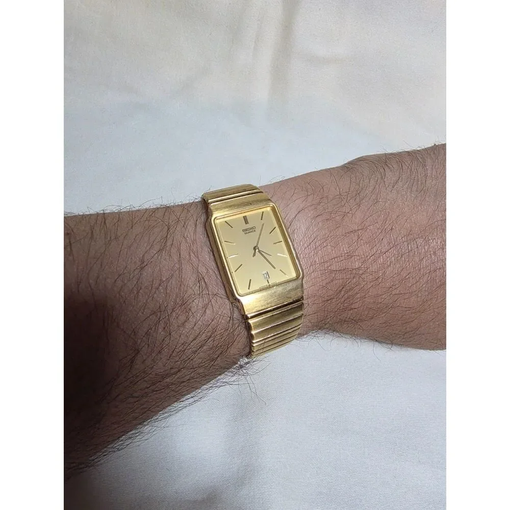 Vintage Seiko Quartz Tank Gold Tone Date Rectangular Dress Watch 5Y32 Works